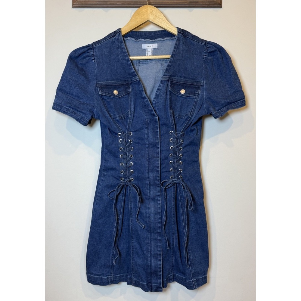 Forever 21 Y2K Coquette Denim Corset Lace-Up Mini Dress Short Sleeve V-Neck M
